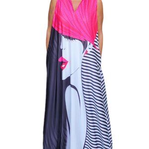 Women's Chic Lady in Pink Graphic Maxi Dress with Pockets